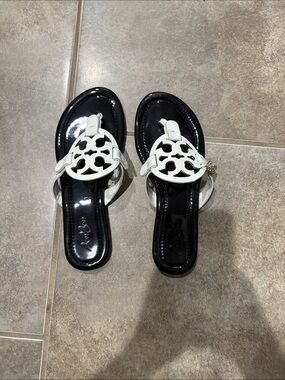 Tory Burch Black Footbed White Logo Thong Sandals